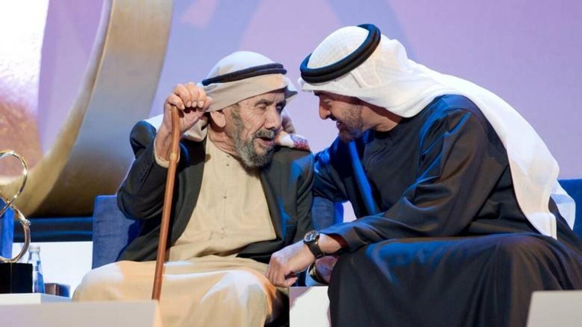 Aqeeda Ali Al Muhairi with Sheikh Mohamed bin Zayed. — Photo: @MohamedBinZayed/Twitter