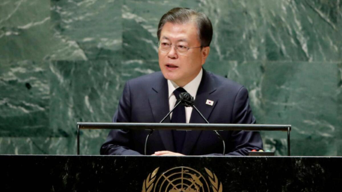 South Korea's President Moon Jae-in addresses the 76th session of the United Nations General Assembly. — AP