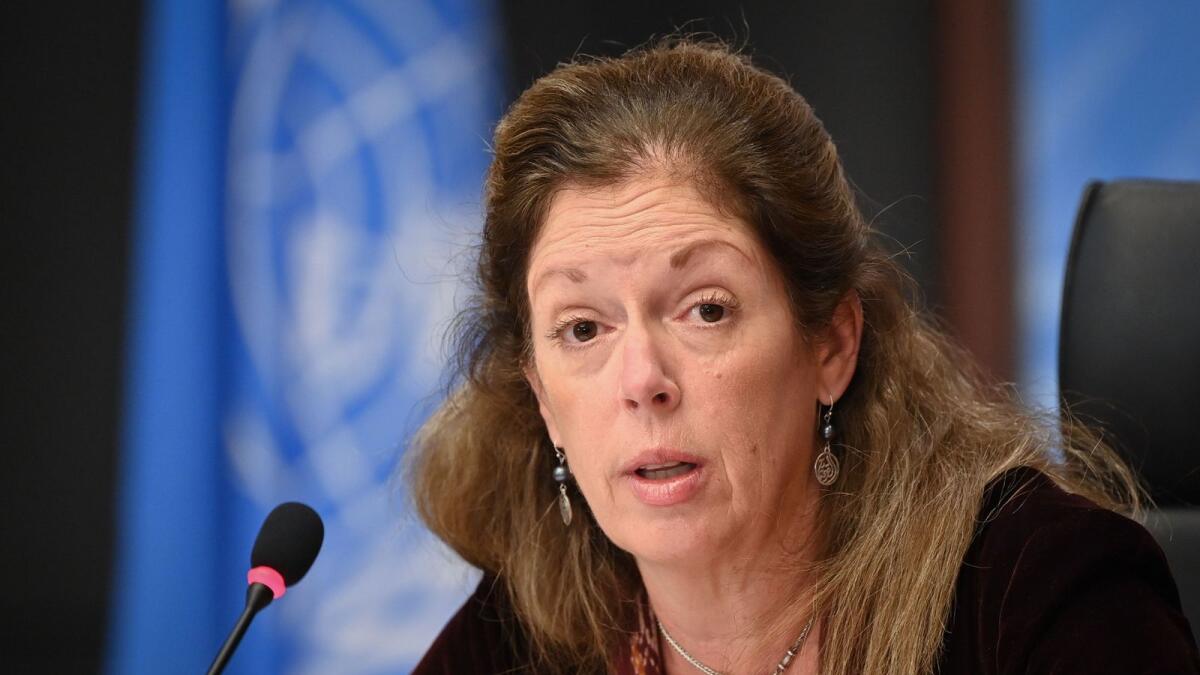 Stephanie Williams attends a Press conference on talks between the rival factions in the Libya conflict at the United Nations offices in Geneva on Wednesday.