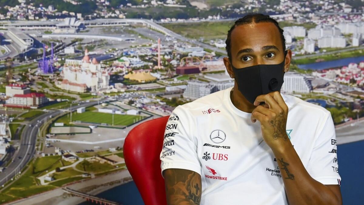 Mercedes driver Lewis Hamilton of Britain attends a media conference prior to the Russian Formula One Grand Prix in Sochi