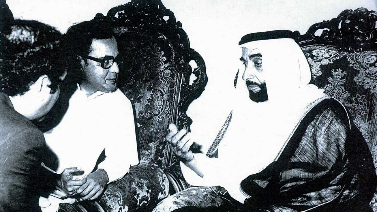 The late Shaikh Zayed bin Sultan Al Nahyan meets the then Indian minister of state for banking and finance, Pranab Mukherjee, during the former’s historic visit to India in 1975. — KT archive