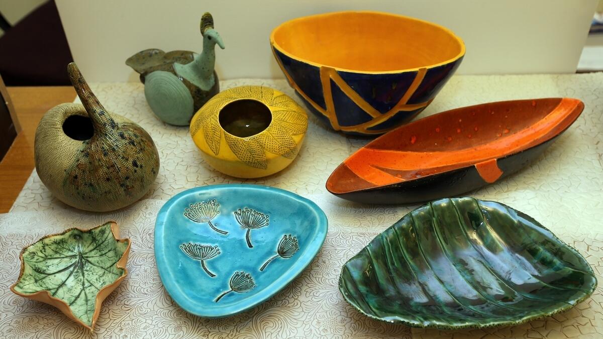 Platters and bowls of different hues and shapes are part of Mani's ceramic collection