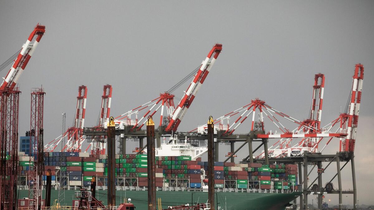 A container ship is docked at Maher Terminals in Elizabeth, N.J. — AP file photo