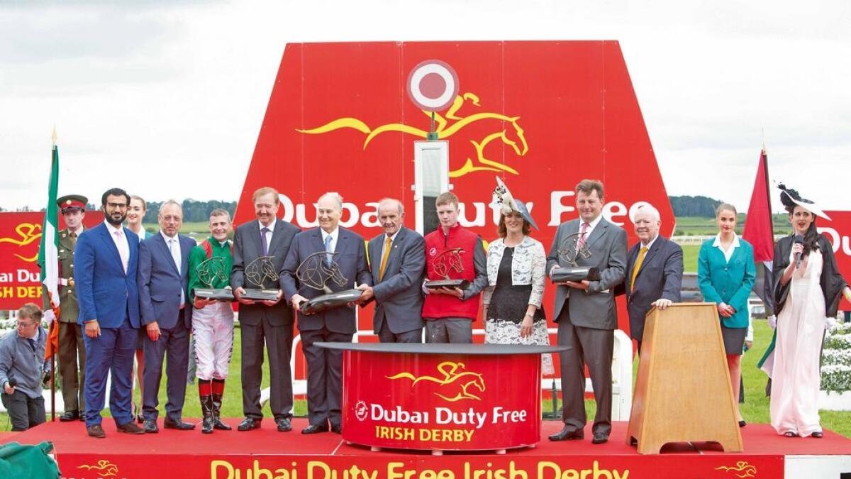 DDF senior executives and dignitaries presenting trophies to the winners of the DDF Irish Derby held at the Curragh Racecourse in Ireland, which was won by Harzand, owned by HH the Aga Khan and trained by Dermot Weld.