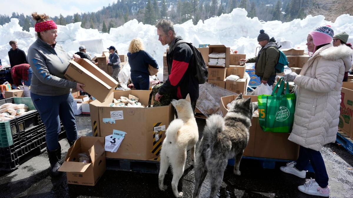 Food is distributed near a parking lot after a series of storms in Crestline, California. — AP