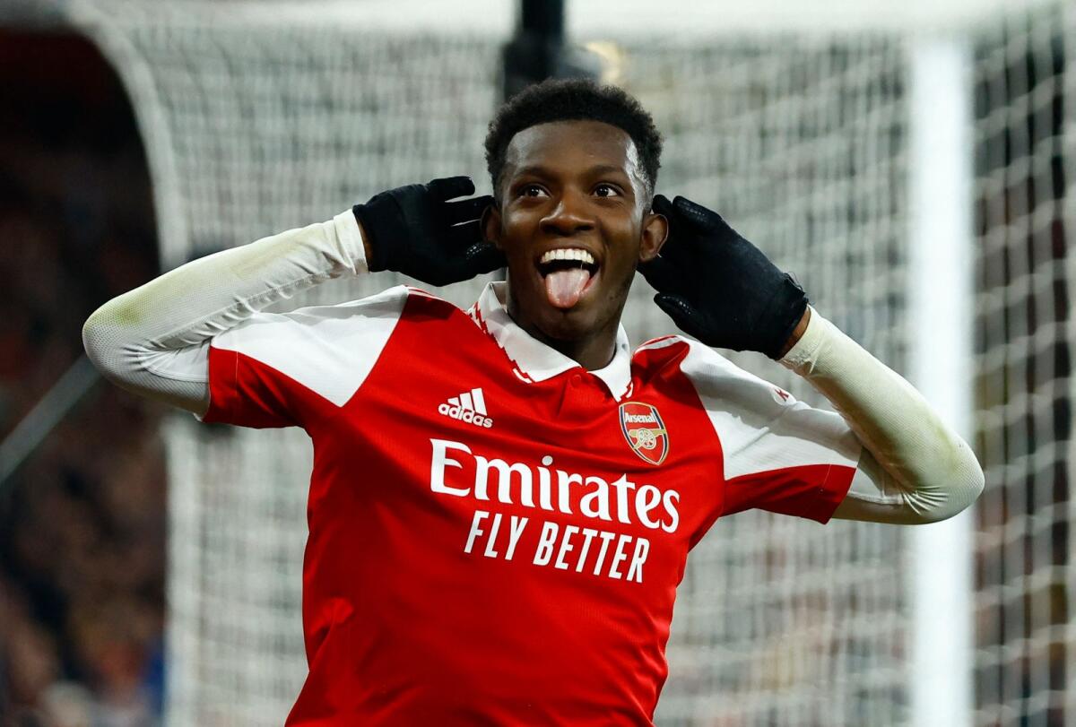Arsenal's Eddie Nketiah celebrates after scoring their third goal. — Reuters