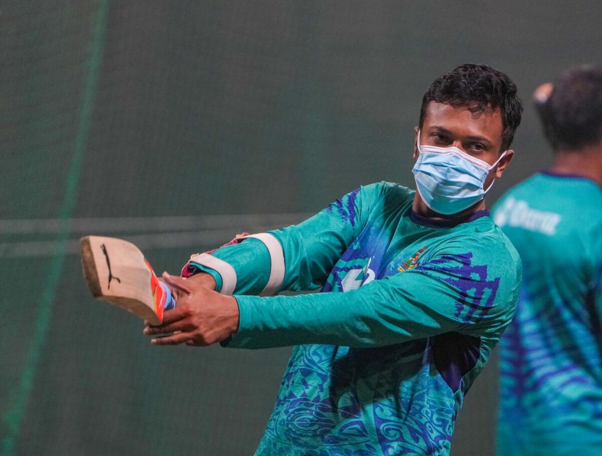 Bangladesh’s captain Shakib Al Hasan during a practice session ahead of the ICC Men's Cricket World Cup 2023 match between Bangladesh and Sri Lanka, at Arun Jaitley Stadium, in New Delhi, Saturday, Nov. 4, 2023. Photo: PTI