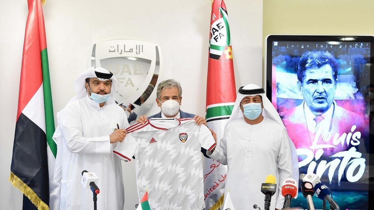 New UAE coach Jorge Luis Pinto (centre) was officially unveiled at the UAEFA headquarters in Dubai on Wednesday. - Supplied photo