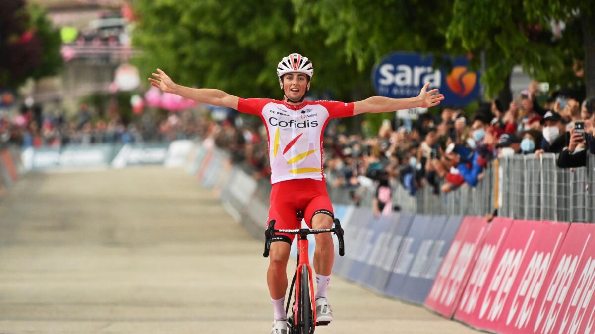 Cofidis rider Victor Lafay of France celebrates his victory. — Reuters