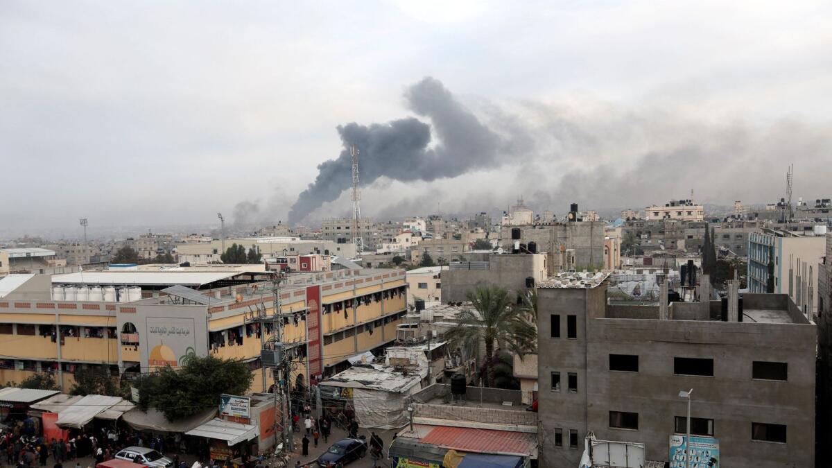 Smoke rises after Israeli strikes in Khan Younis in the southern Gaza Strip. — Reuters