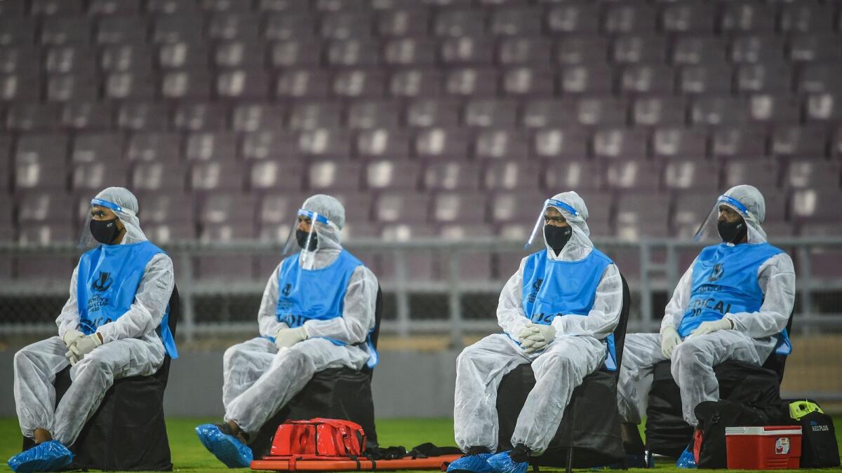 Medical team on the ground before AFC Women's Asian Cup match between India and Chinese Taipei at DY Patil Stadium in Mumbai on Sunday. The match has been called off after several Indian players tested positive for Covid-19. (PTI)