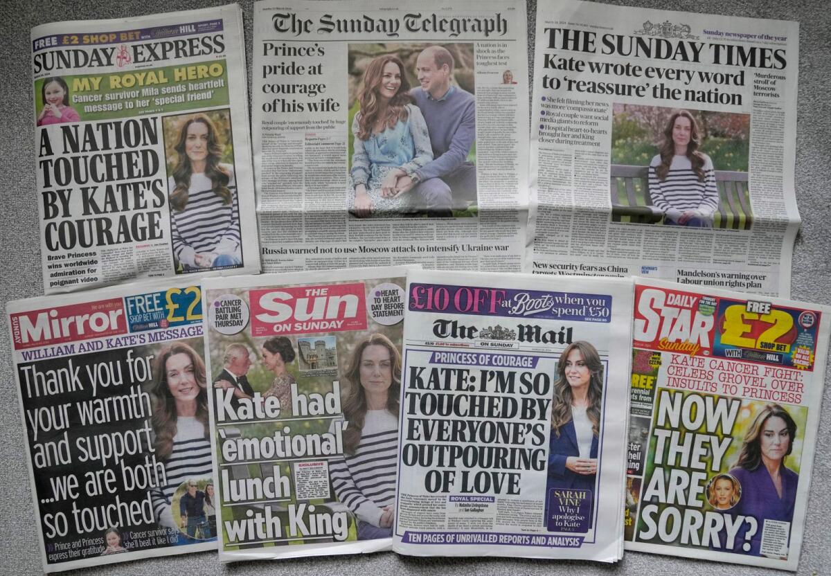 A montage of the front pages of some of Britain's Sunday newspapers pictured in London on Sunday. — AP
