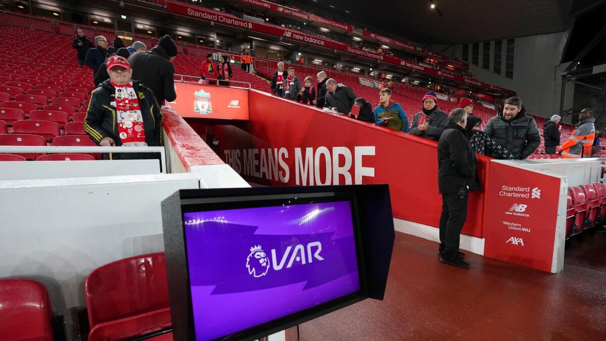 A VAR (Video assistant referee) monitor pitch side before an English Premier League game. — AP