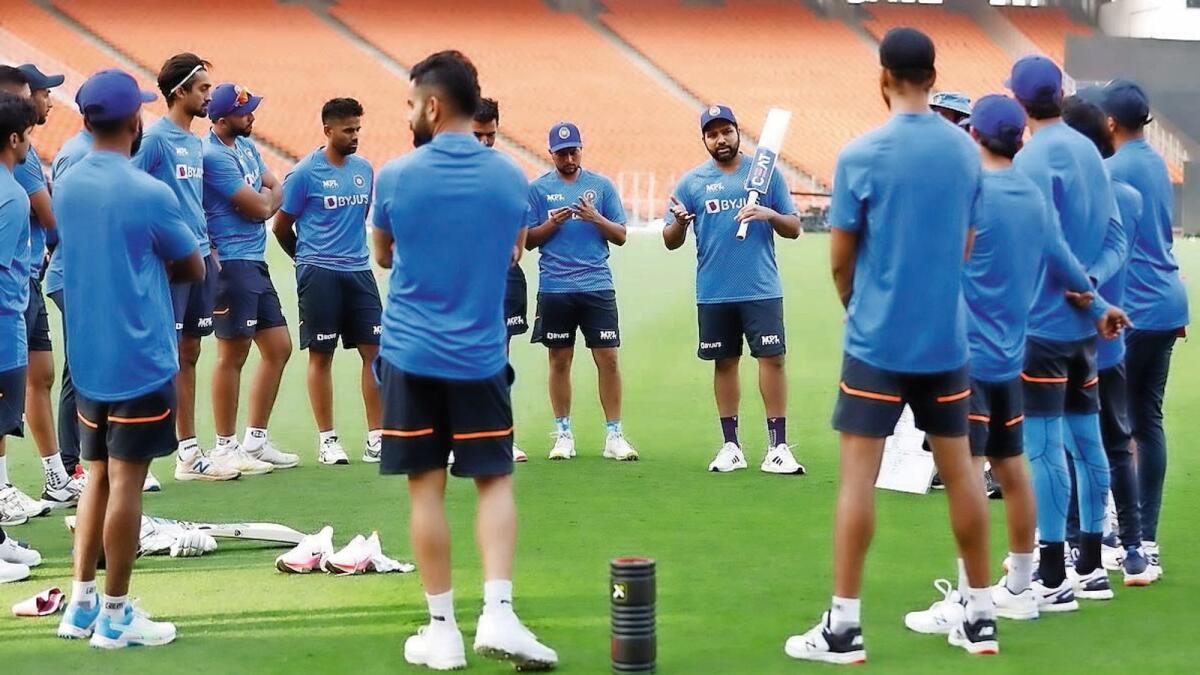 New chapter: Indian white-ball captain Rohit Sharma addresses the team on the sidelines of a practice session in Ahmedabad on Friday. — BCCI Twitter