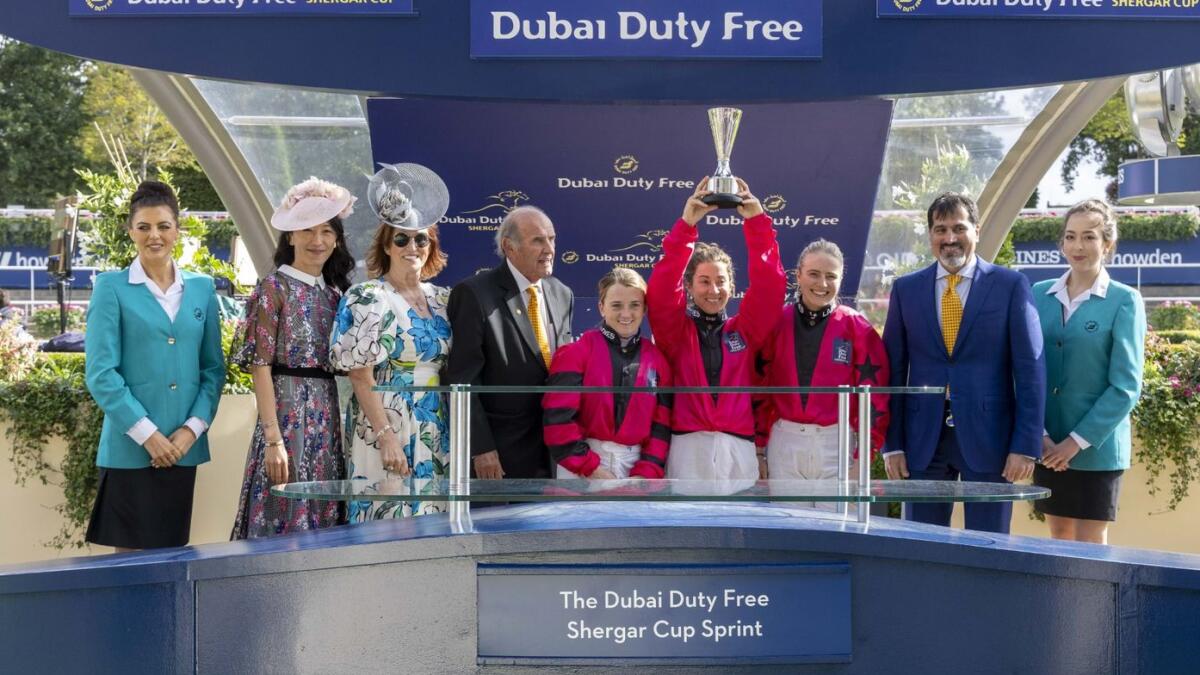 Colm McLoughlin and senior Dubai duty Free officials at the presentation ceremony for the 22nd Dubai Duty Free Shergar Cup team event at Ascot Racecourse in the UK. - Supplied photo