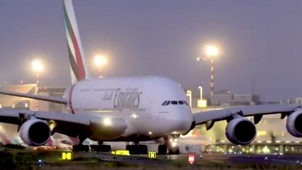 Emirates A380. follow me car, Germany, Dusseldorf Airport