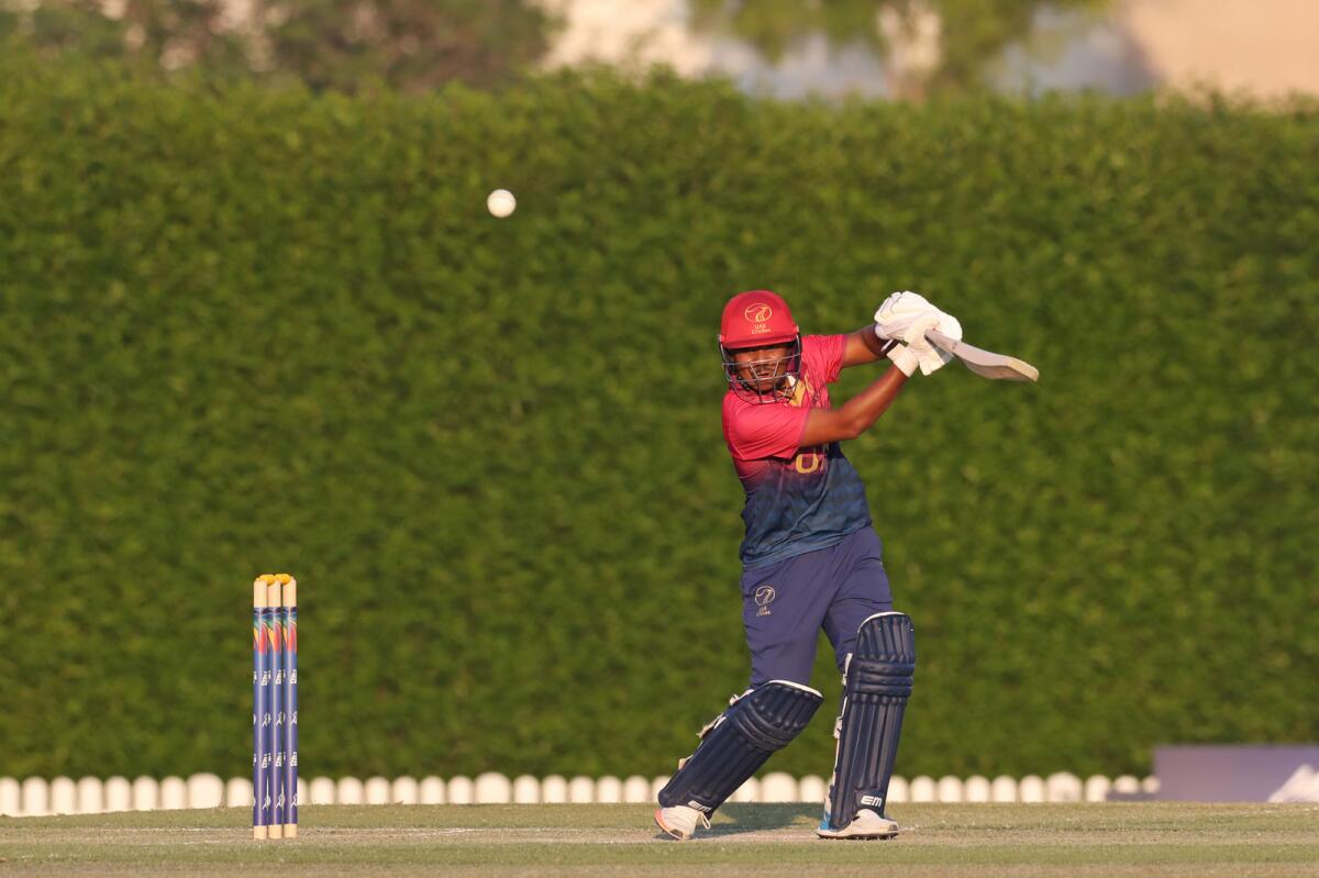 UAE captain Aayan Afzal Khan plays a shot during the match against Sri Lanka in Dubai on Monday. — X