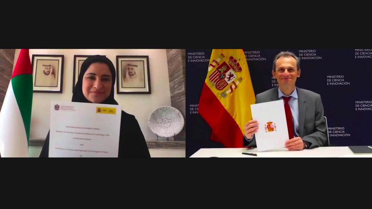 Sarah Al Amiri, UAE Minister of State for Advanced Technology, and Pedro Duque, Spain’s Minister of Science and Innovation, penned the agreement. — Supplied photo