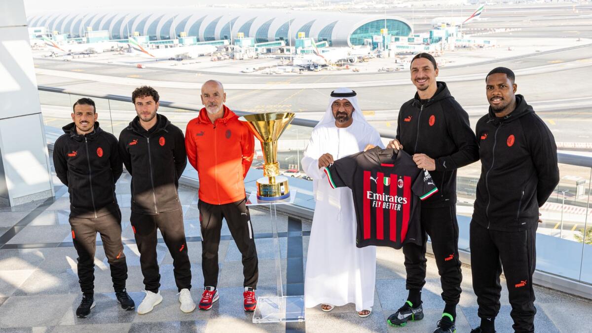 From left to right: Alessandro Florenzi; Davide Calabria; Stefano Pioli, AC Milan Coach; Sheikh Ahmed bin Saeed Al Maktoum, Chairman and Chief Executive, Emirates Airline and Group; Zlatan Ibrahimovic; Mike Maignan. — Supplied photo