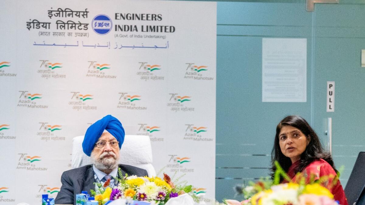 Indian Minister of Petroleum and Natural Gas Hardeep Singh Puri at the Abu Dhabi office of Engineers India Limited. — Supplied photo