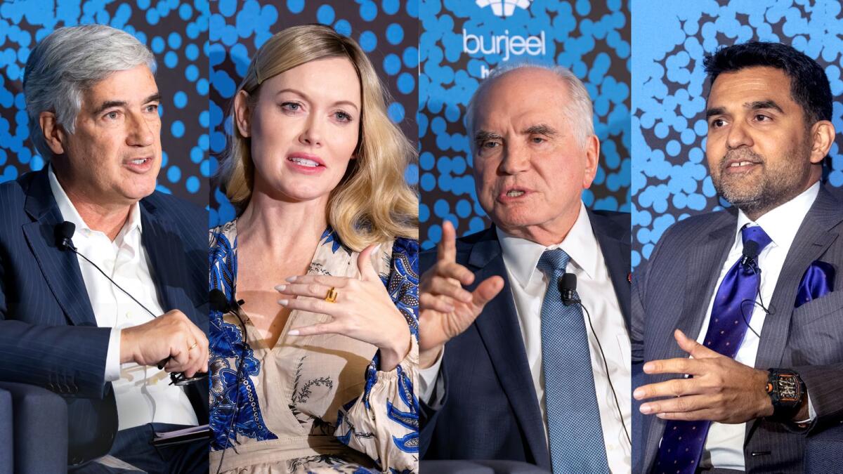 (LtoR) Dr Juan Pablo Uribe, Dr Catharine Young, Rep Mike Kelly, Dr Shamsheer Vayalil speaking at the 10th Burjeel Holdings Oncology Conference in Washington DC