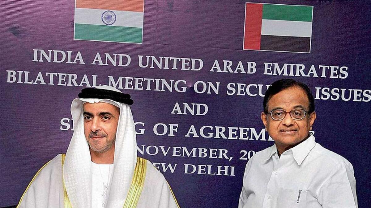 2011-Lt-Gen. Shaikh Saif bin Zayed Al Nahyan, UAE’s Deputy Prime Minister and Minister of Interior, with P Chidambaram, India’s Home Minister, after signing pacts on security cooperation in New Delhi.— PTI
