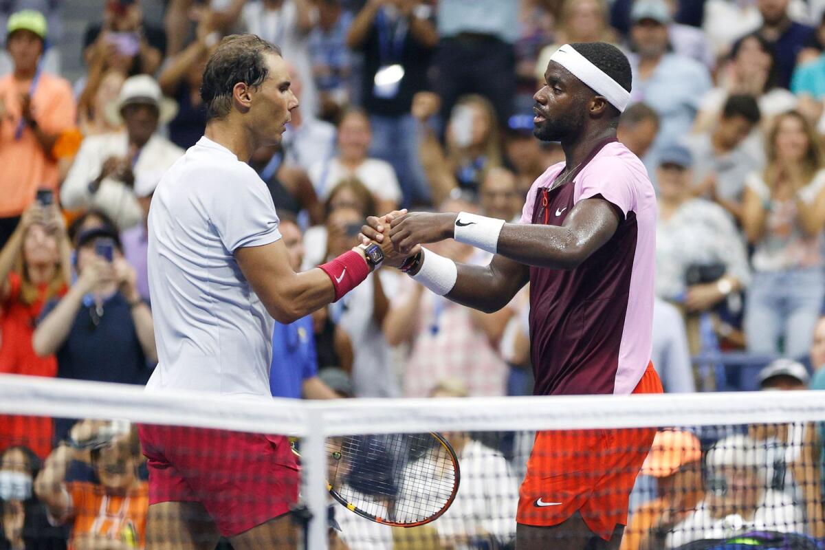Spain's Rafael Nadal congratulates Frances Tiafoe (right) of the US after their fourth round match at the US Open. (AFP)