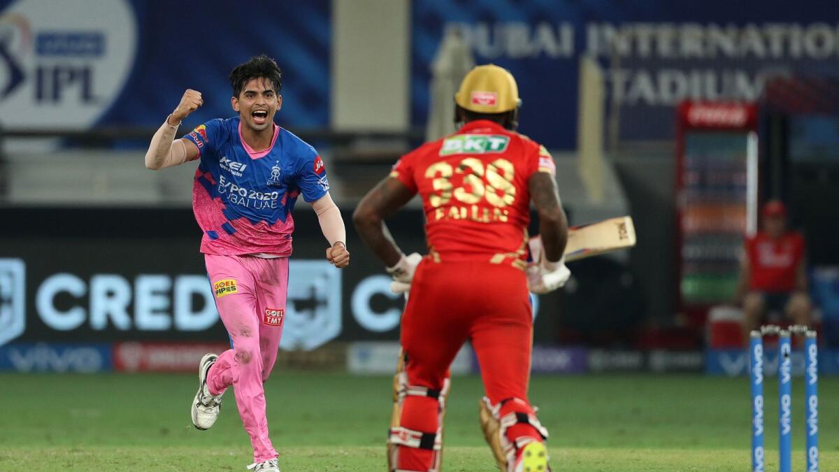 Kartik Tyagi of Rajasthan Royals celebrates the wicket of Fabian Allen of Punjab Kings during the IPL match on Tuesday. (BCCI)