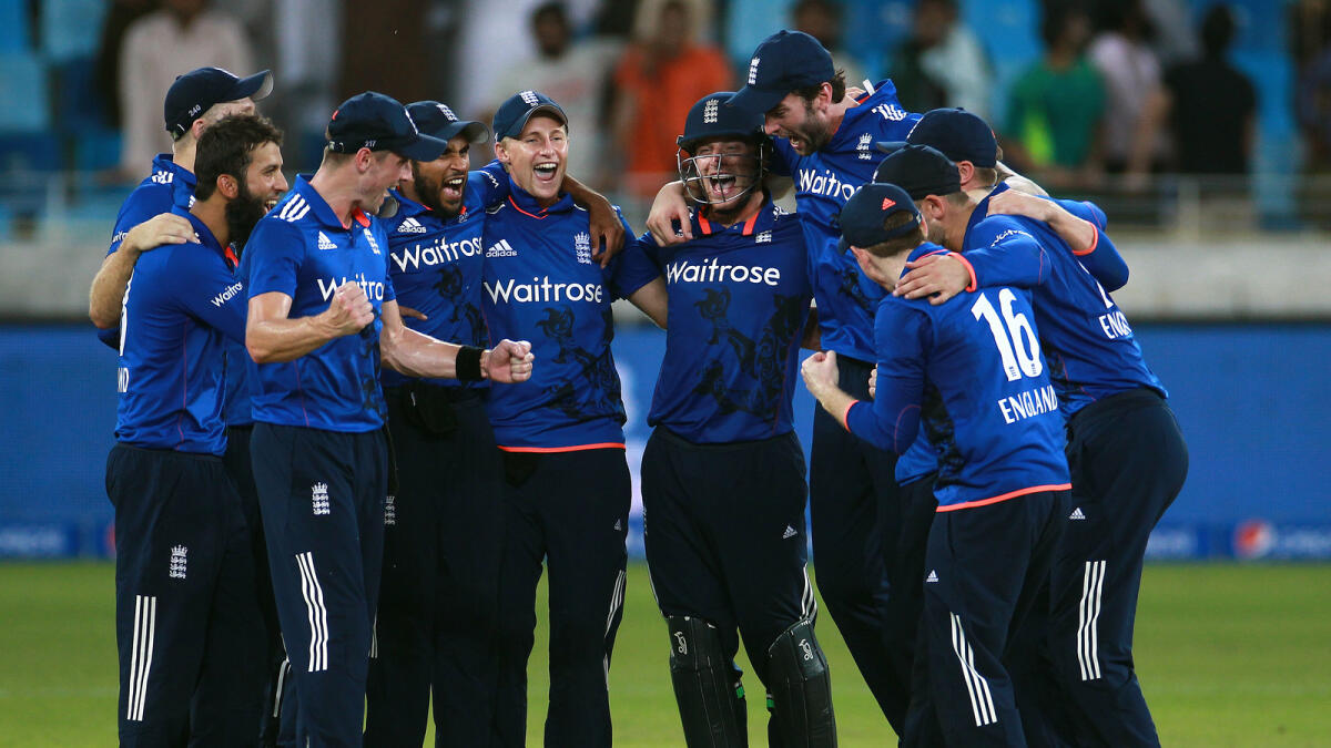England team celebrates the victory against Pakistan in 4th ODI at Dubai International Cricket Stadium.