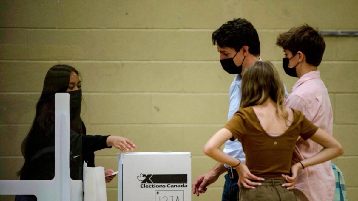 Canadian Prime Minister and Liberal Party leader Justin Trudeau casts his vote in the 2021 Canadian election in Montreal. — AFP