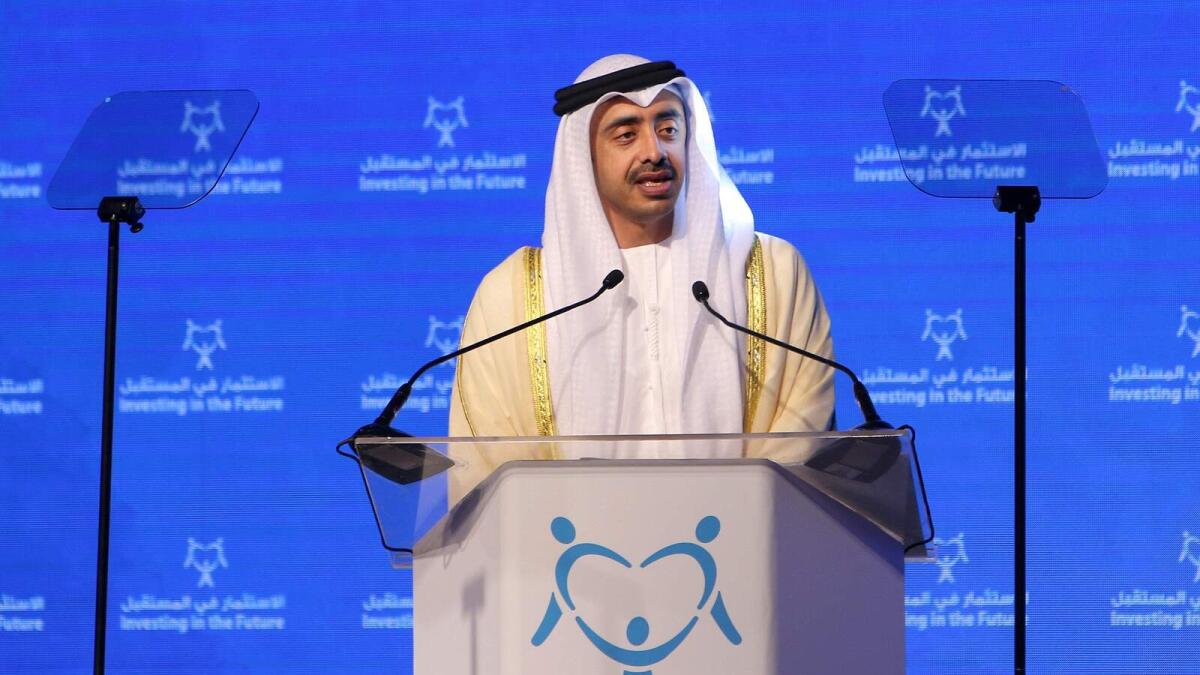 HH Sheikh Abdullah bin Zayed Al Nahyan Minister of Foreign Affairs and International Cooperation during his speech on the opening day of  Investing In Future 2016 - Building women and girls capabilities in the Middle East - at al jawaher reception and convention centre in sharjah on Wednesday – Photo by M.Sajjad