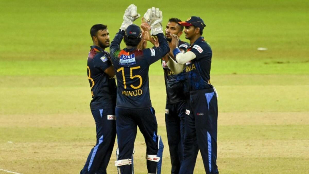 Sri Lankan players celebrate a wicket. (ICC Twitter)