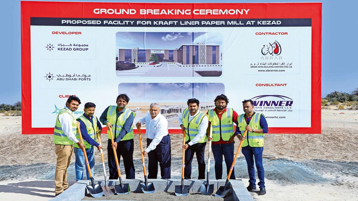Dhanraj Sadan, Suhail, Ashiq Arif, head-business and projects, Abrar Infra Building Contracting, Syed Mukhtar Saleem Pasha, senior works manager at  Star Paper Mill, Vishnu Thengil, Abraham,  and Shahul conducting the ground breaking cermony in KEZAD.