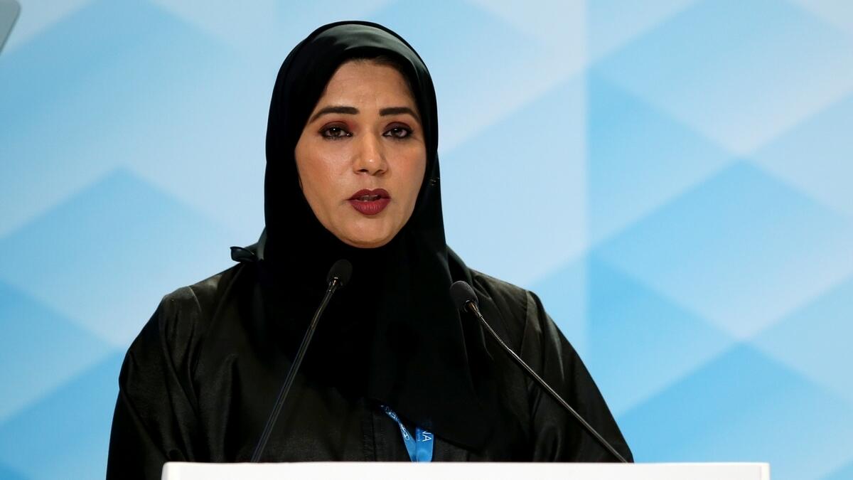 Fatima Al Foora Al Shamsi speaking at the 10th International Renewable Energy Agency Assembly in Abu Dhabi on Saturday.