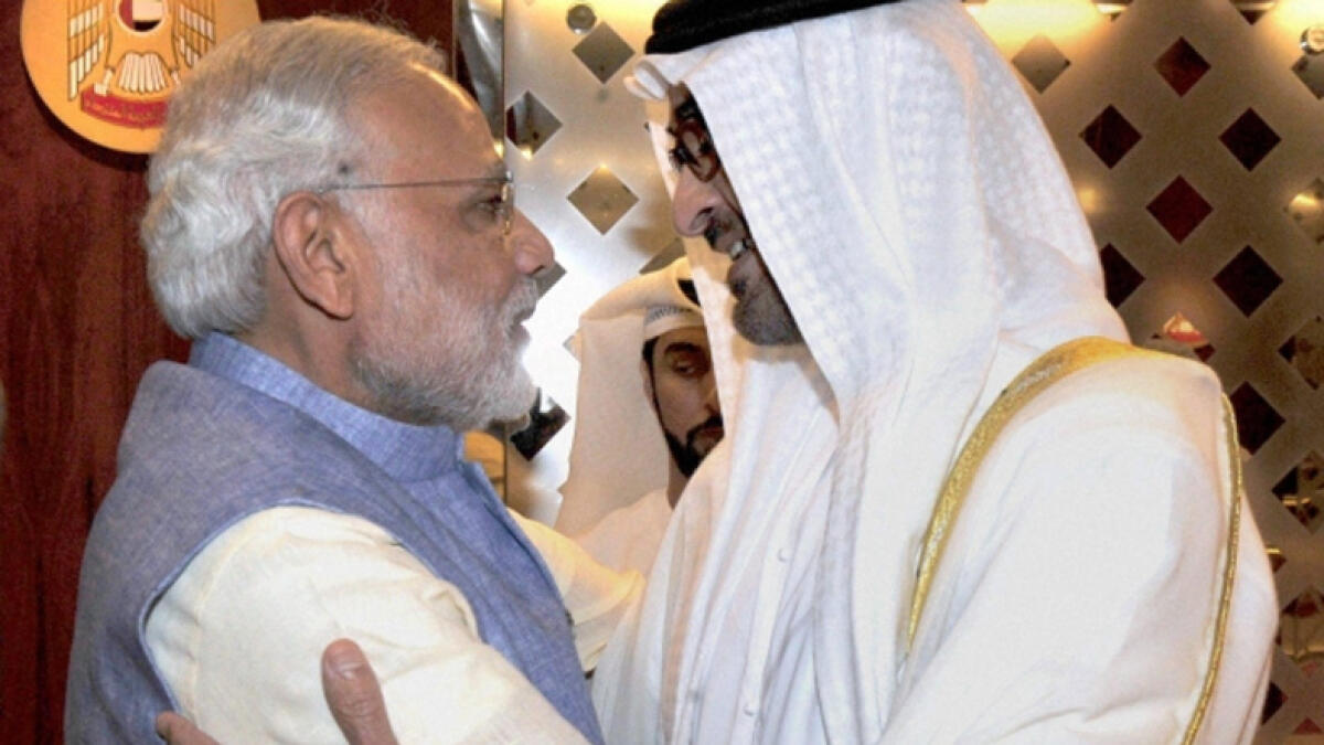 Indian Prime Minister Narendra Modi with His Highness Shaikh Mohammed bin Zayed Al Nahyan, Crown Prince of Abu Dhabi and Deputy Supreme Commander of the UAE Armed Forces, during his UAE visit.