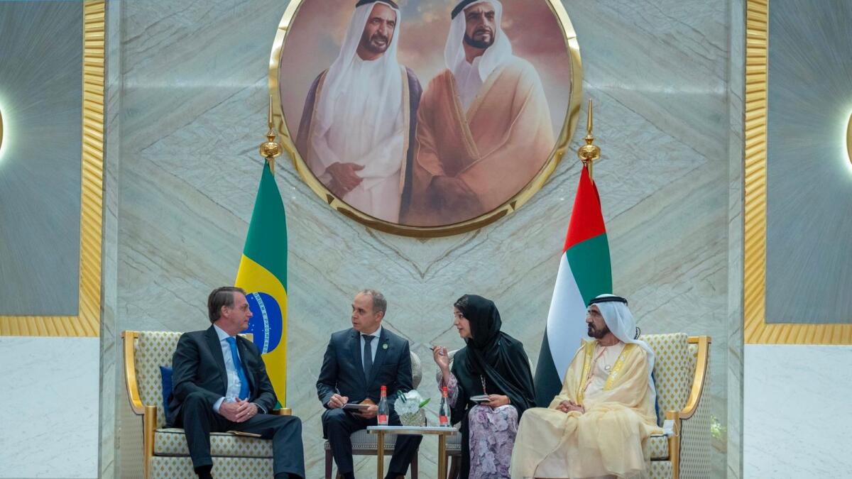 Sheikh Mohammed meets Brazilian president Jair Bolsonaro at Expo 2020 Dubai on Saturday. — Photo courtesy: Twitter/Dubai Media Office