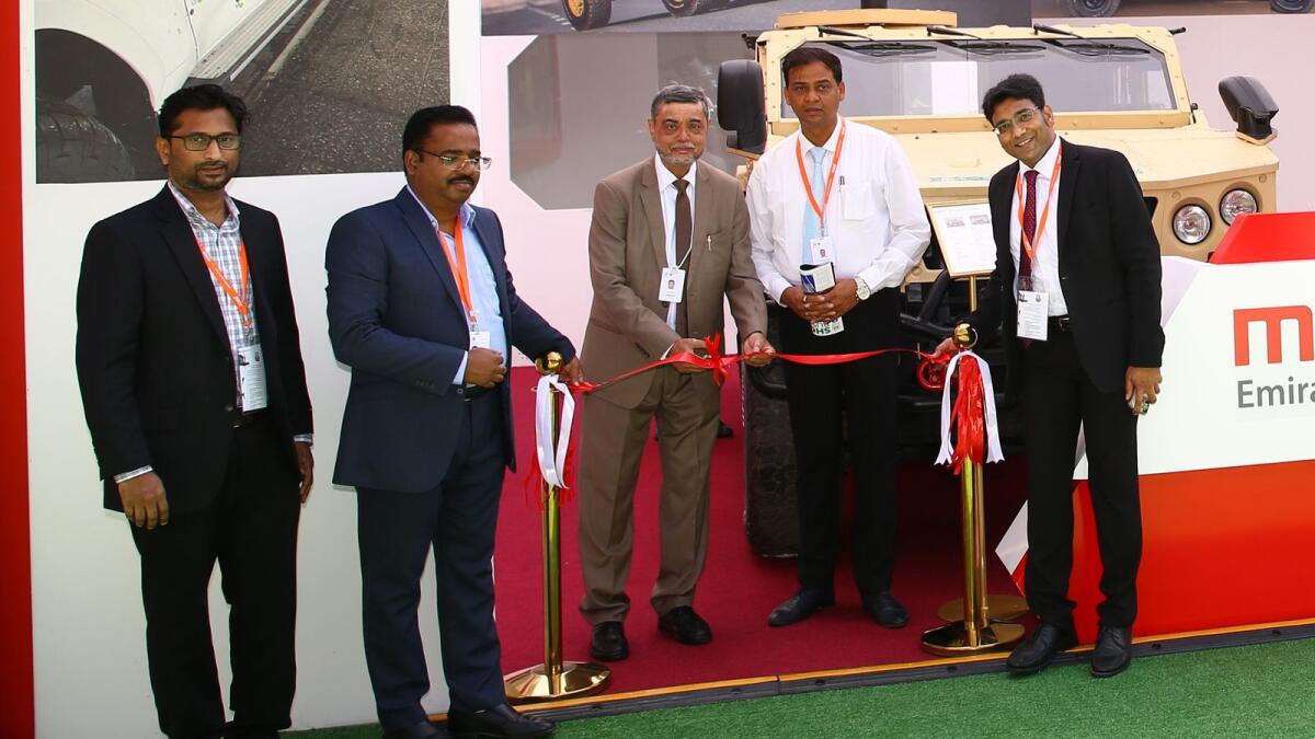 S P Shukla, chairman Mahindra Aerospace and Defence, inaugurated Mahindra Emirates Vehicle Armouring pavilion at IDEX in the presence Rajiv Gupta, CEO and director; Johnmon Xavier, CFO; Rahul Saxena and Deepak Damodaran.