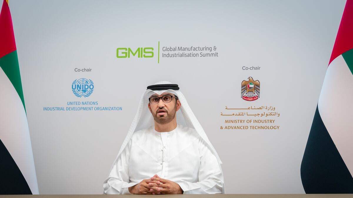 Dr Sultan bin Ahmad Al Jaber addressing the opening day of the Global Manufacturing and Industrialisation Summit on Friday.