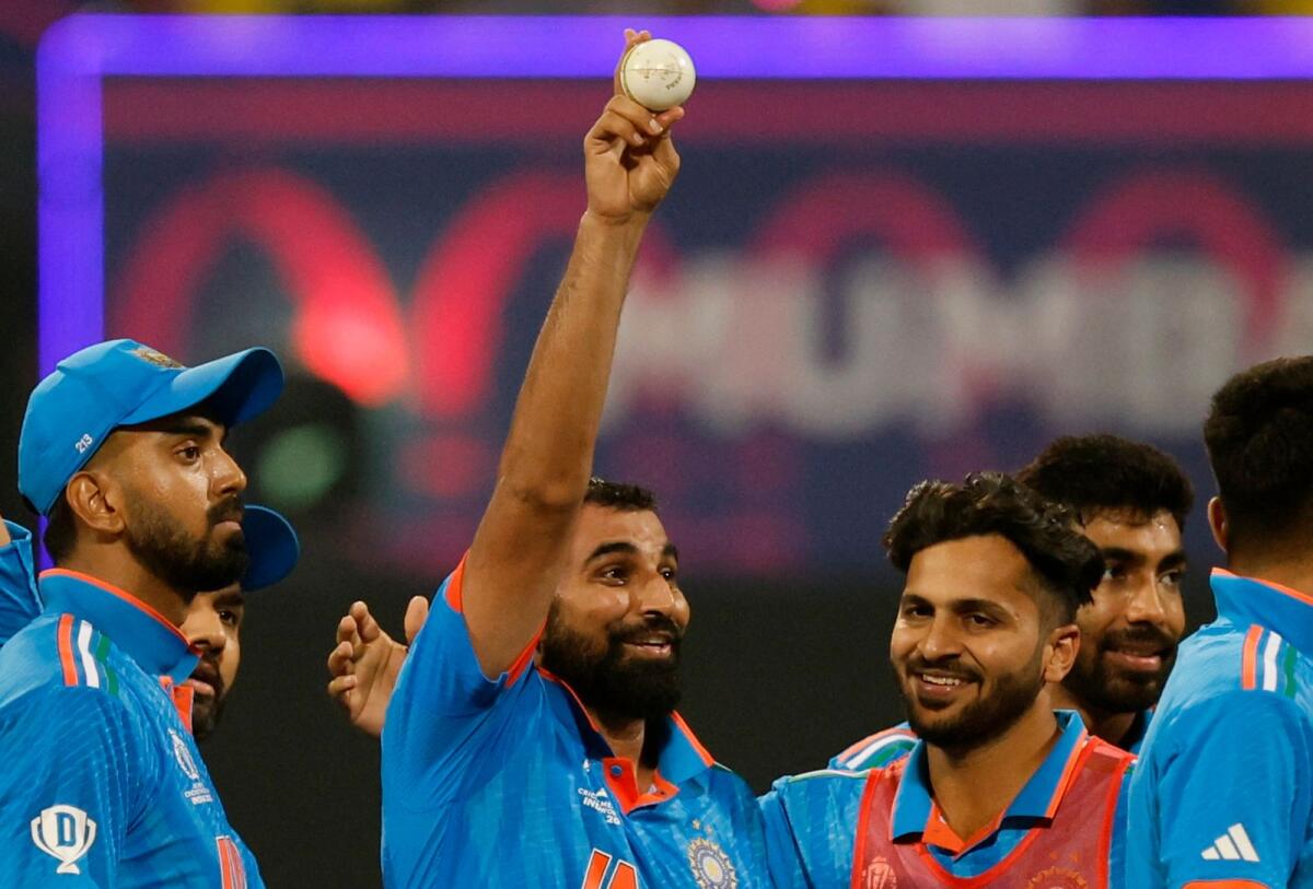 India's Mohammed Shami celebrates his five-wicket-haul against Sri Lanka. — Reuters