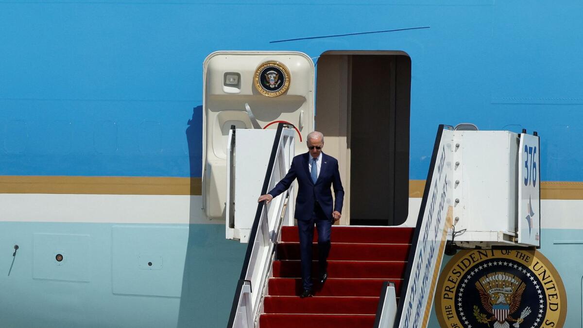 US President Joe Biden descends from Air Force One at Ben Gurion International Airport. Photo: Reuters