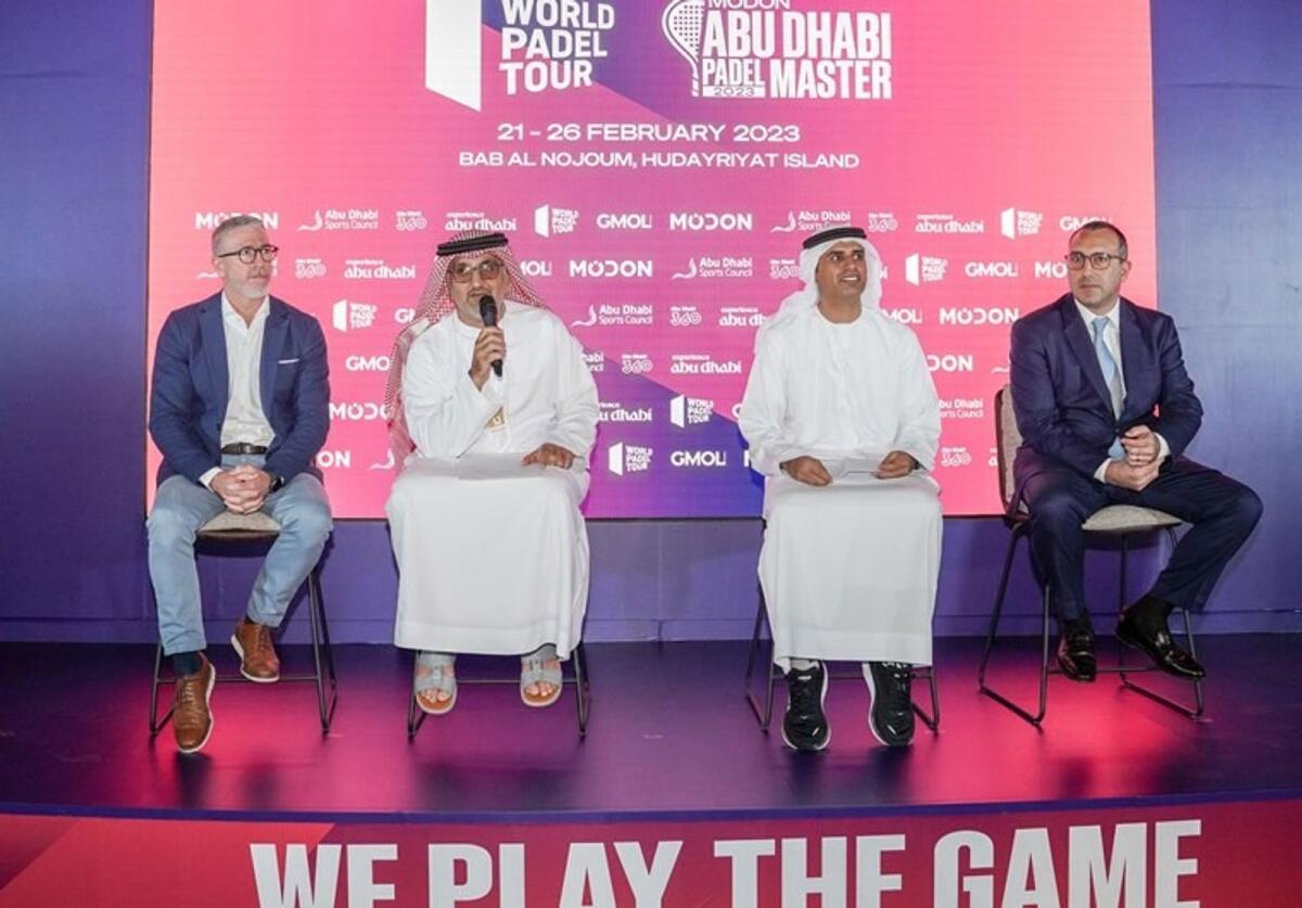 Top officials from Abu Dhabi Sports Council, Department of Culture and Tourism - Abu Dhabi, Modon Properties, and GMOL Events during the launch of Modon Abu Dhabi Padel Master 2023 tournament. — Supplied photo