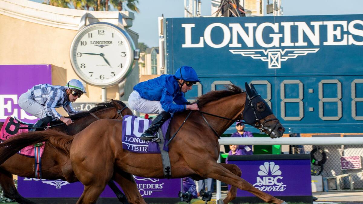 Jockey William Buick rides Yibir to victory in the Breeders’ Cup Turf in Del Mar on Saturday. —AP