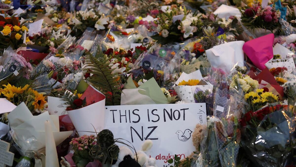 Flowers laid at a memorial near Al Noor mosque for victims after a shooting that killed 51 people in Christchurch in 2019. — AP file