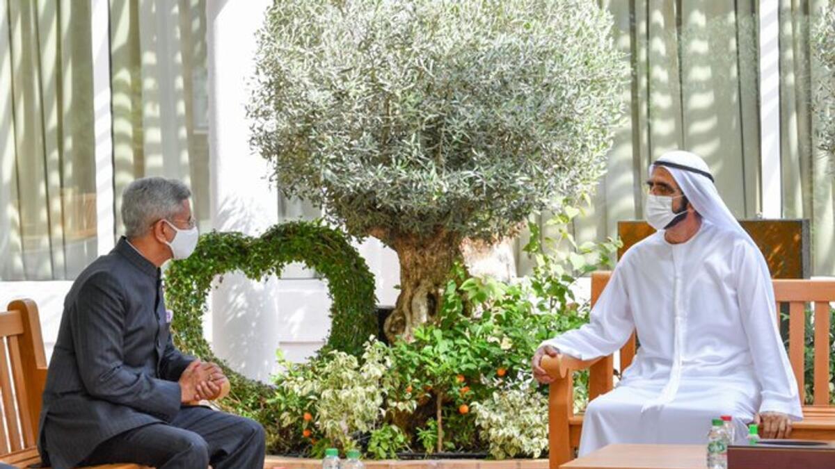 Sheikh Mohammed during his meeting with Dr S Jaishankar in Dubai. — Photo: Dubai Media Office