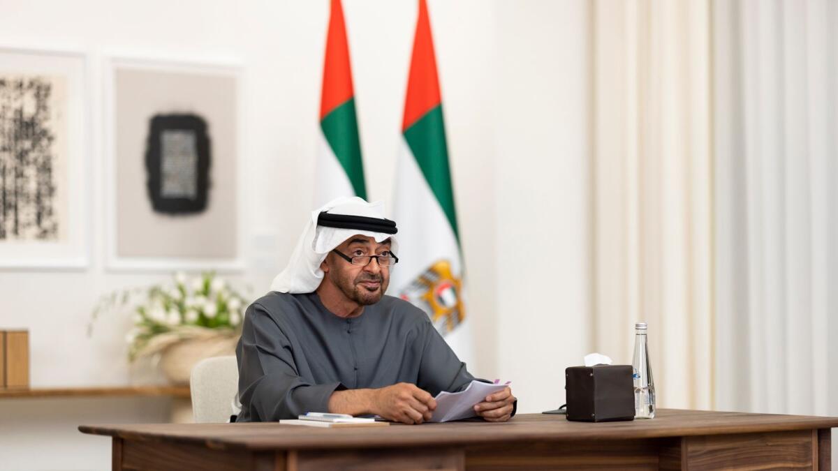 The President, His Highness Sheikh Mohamed bin Zayed Al Nahyan, delivers a virtual speech during the UAE-Türkiye Comprehensive Economic Partnership Agreement (CEPA) signing ceremony. - WAM