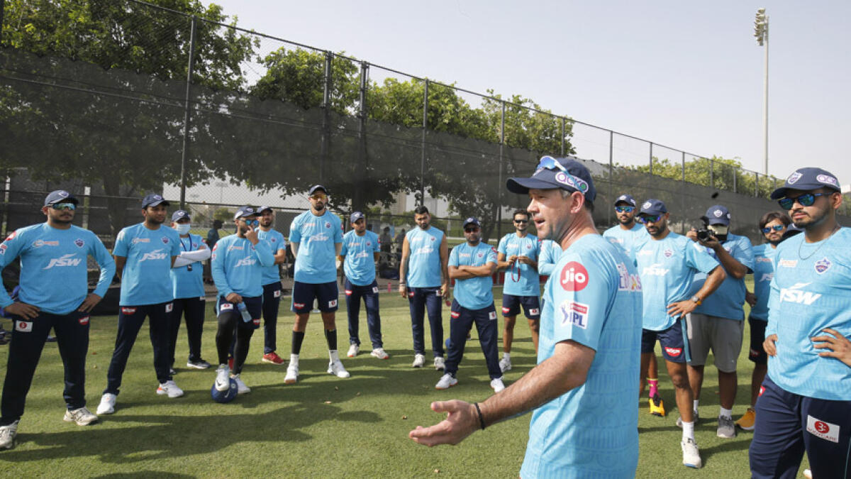 Ricky Ponting speaks to the Delhi Capitals players during a training session in Dubai. - Delhi Capitals Twitter