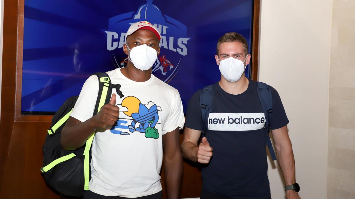 Delhi Capitals’ South African fast bowlers Kagiso Rabada and Anrich Nortje arrive at the team hotel in Dubai on Wednesday. (Picture courtesy Delhi Capitals)