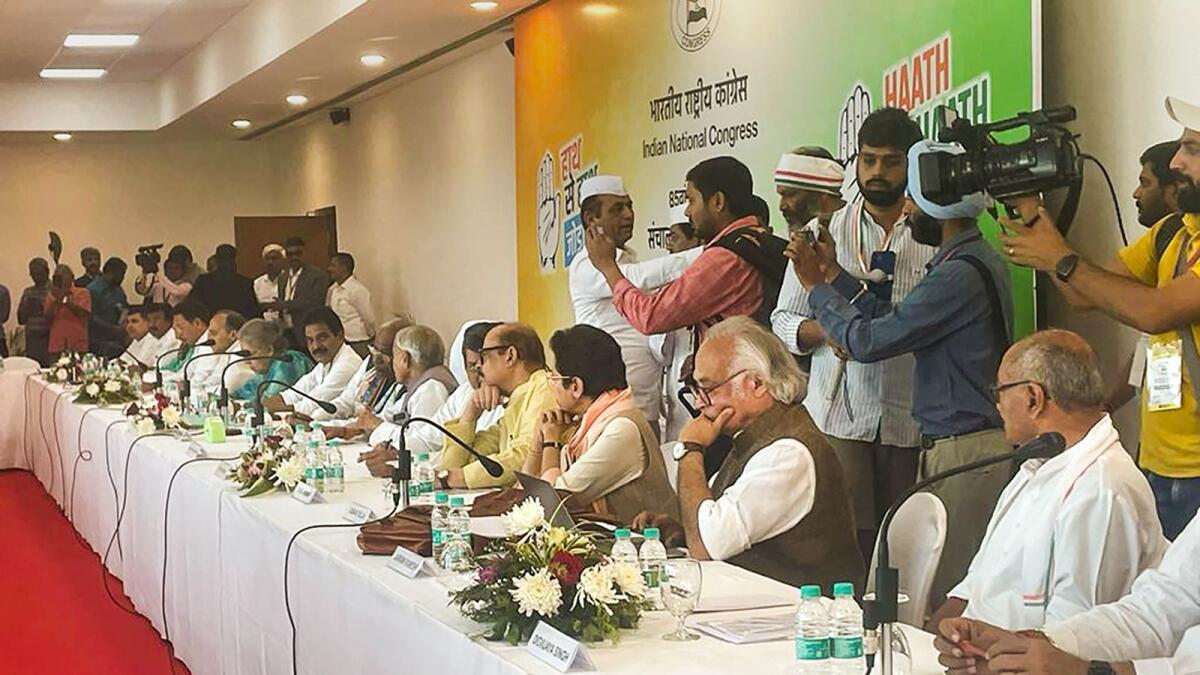 Congress party leaders at the Steering Committee during the 85th Plenary Session of the Indian National Congress, in Raipur, Chhattisgarh, on Friday. — PTI
