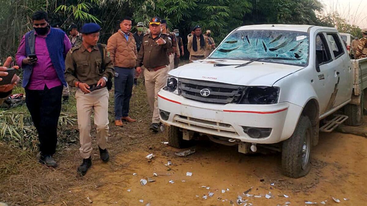 Nagaland minister P. Paiwang Konyak, Nagaland Police Commissioner, and other officials visit at the site where a firing incident killed 14 people. – ANI