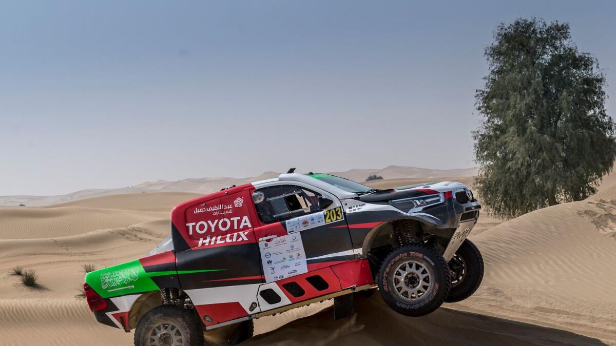 Yazeed Al Rajhi and Michael Orr in their Toyota Hilux Overdrive on way to victory. — Supplied photo